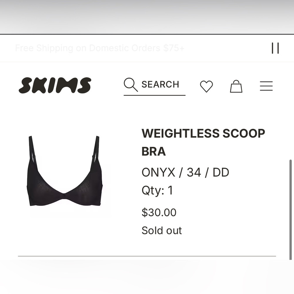 SKIMS Weightless Scoop Bra Onyx Black Bra LNWOT